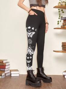 ROMWE Fairycore Butterfly Print Leggings - Black - View 1