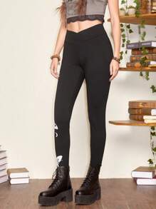 ROMWE Fairycore Butterfly Print Leggings - Black - View 3