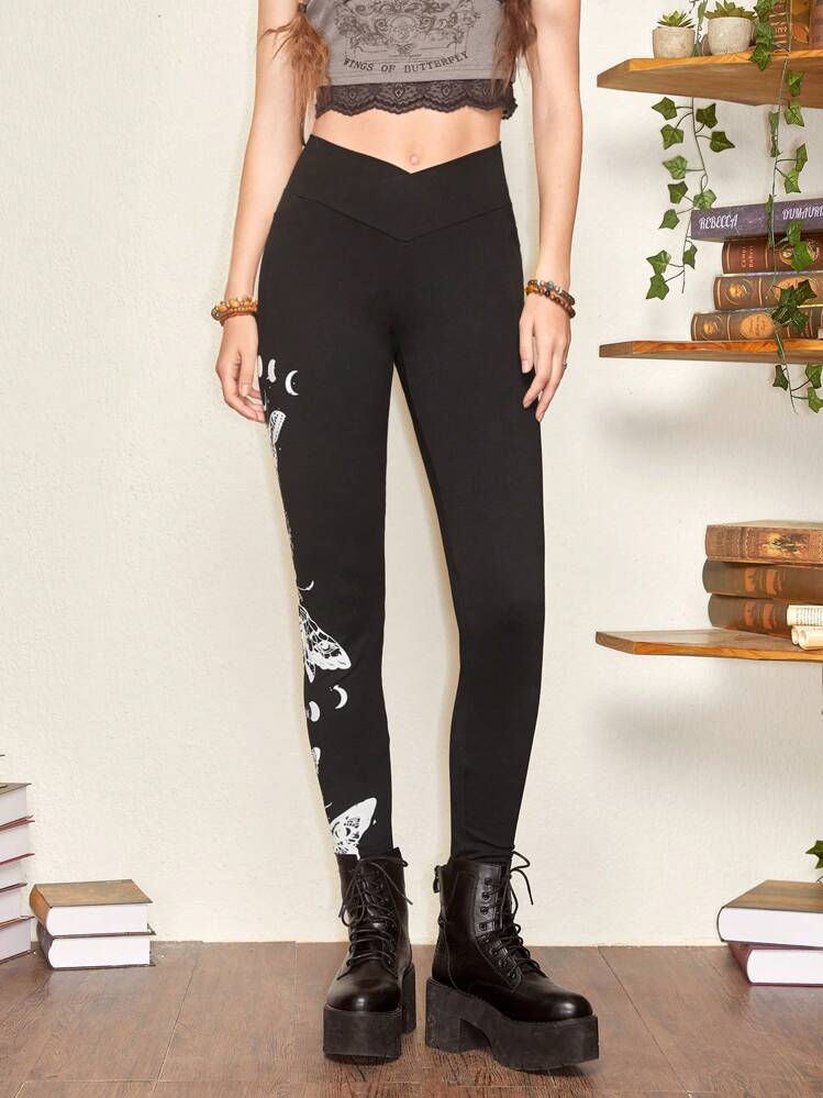 ROMWE Fairycore 蝴蝶圖案緊身打底褲 - 黑色 - 查看 4