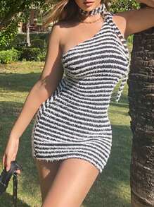 Vestido ajustado de rayas de un hombro - Negro - Ver 1