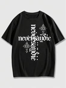 ROMWE MEN Street Life 男士字母圖案T恤 - 黑色 - 查看 1