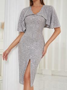 Cloak Sleeve Split Thigh Sequin Dress - Silver - View 7