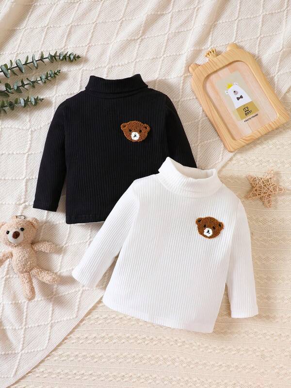 2pcs/Set Baby Boy Bear Graphic & Striped Knit T-Shirts