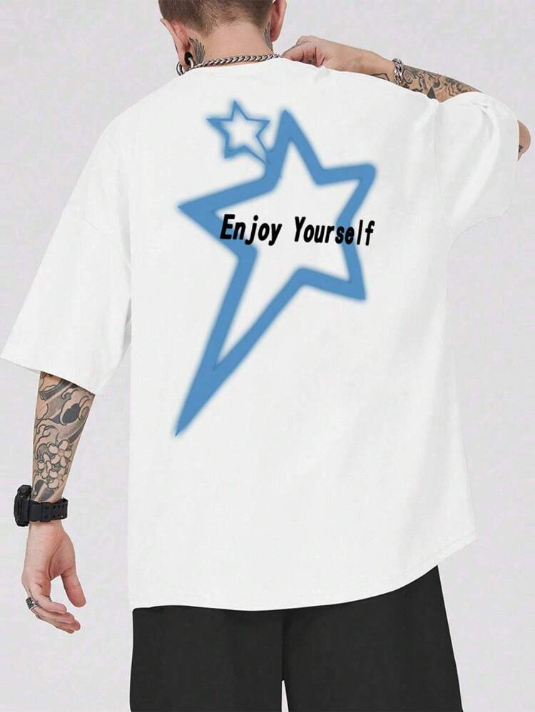 Men Plus Slogan & Star Print Drop Shoulder Tee