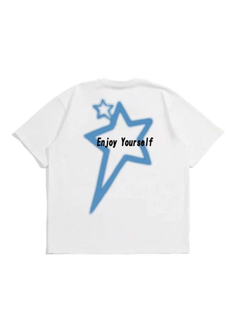 Men Plus Slogan & Star Print Drop Shoulder Tee