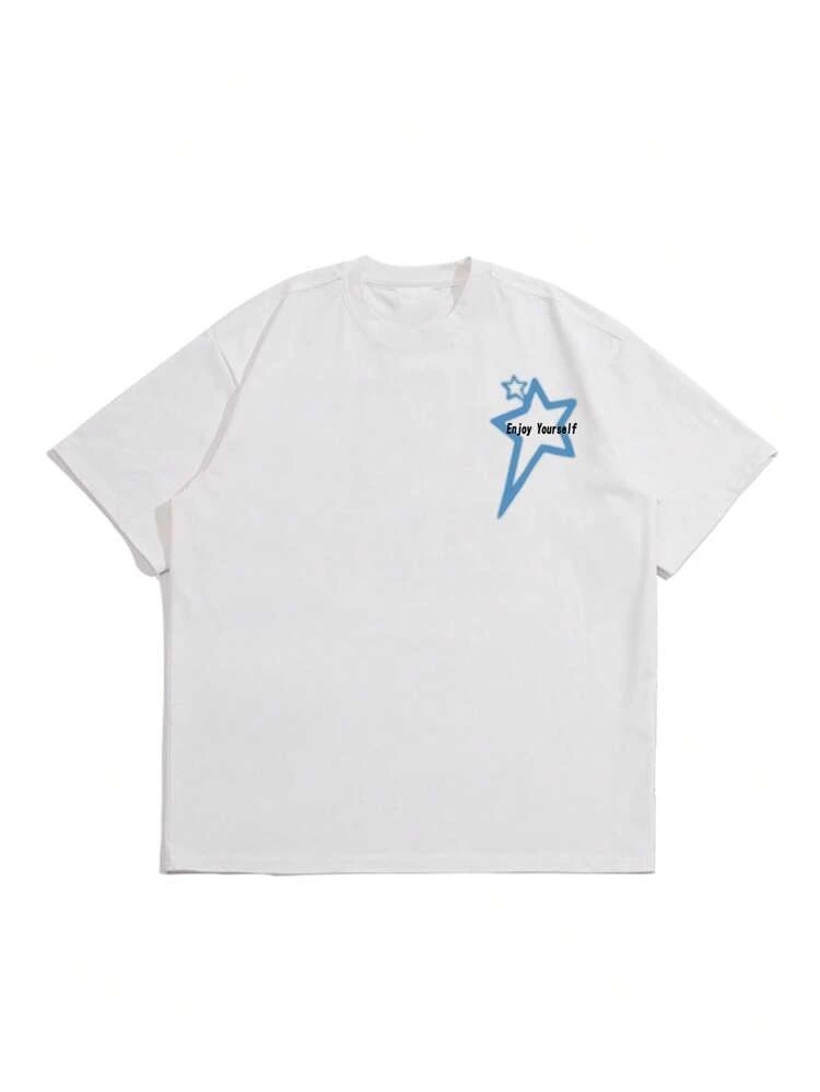 Men Plus Slogan & Star Print Drop Shoulder Tee
