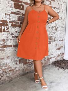 SHEIN LUNE 大碼前紐扣吊帶連衣裙 - 橘色 - 查看 1