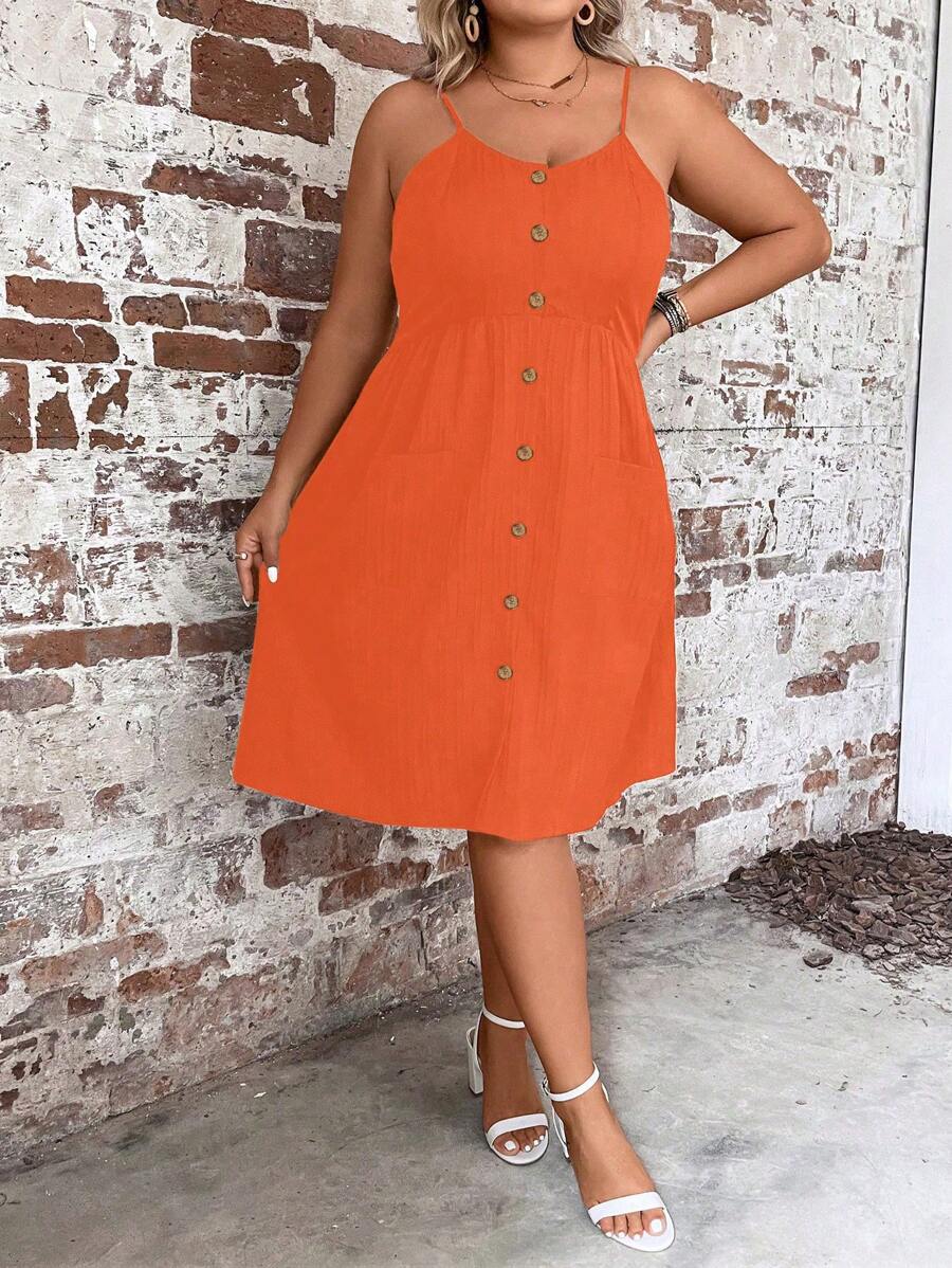 SHEIN LUNE Đầm Plus Size Túi Nút phía trước màu trơn Giải trí - trái cam - Xem 1