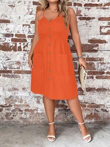 SHEIN LUNE 大碼前紐扣吊帶連衣裙 - 橘色 - 查看 4
