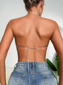 Allurite 流蘇邊露背繞頸短上衣 - 銀色 - 查看 2