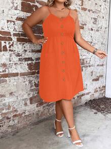SHEIN LUNE 大碼前紐扣吊帶連衣裙 - 橘色 - 查看 5