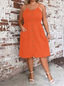 SHEIN LUNE 大碼前紐扣吊帶連衣裙 - 橘色 - 查看 6