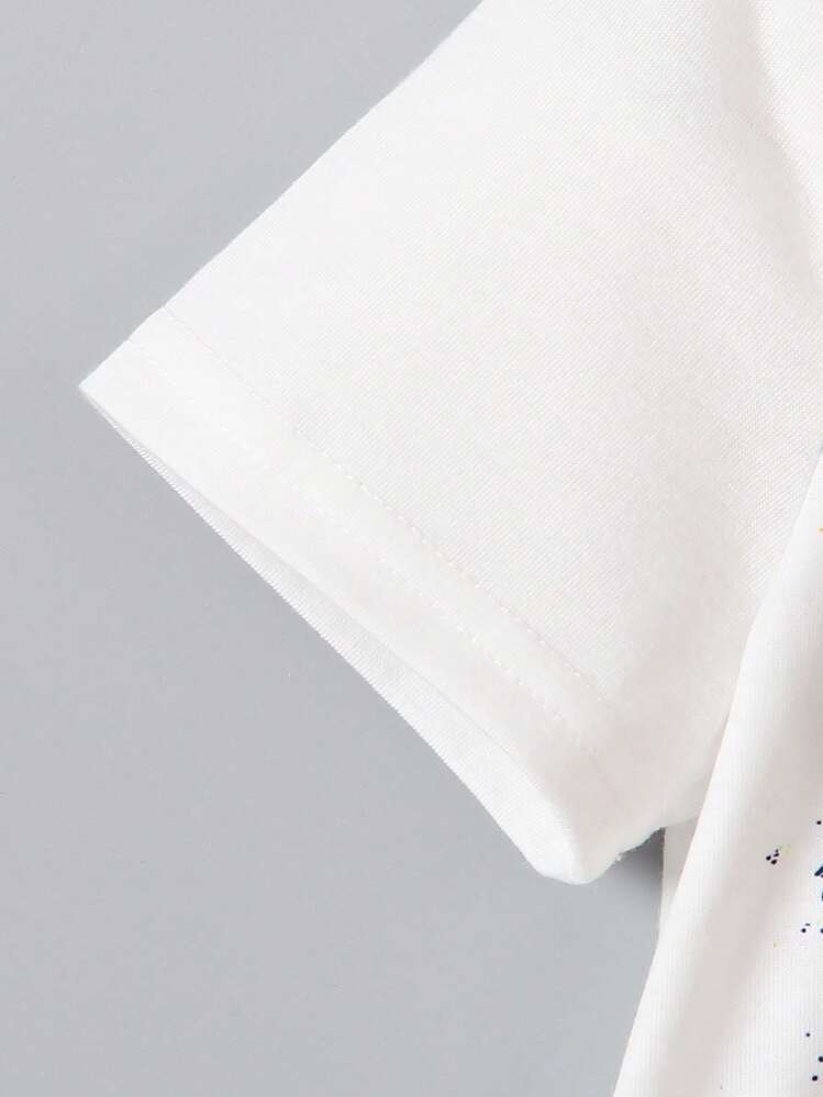 SHEIN Young Boy Round Neck Short Sleeve Solid Color Cute Cycling Pattern T-Shirt, Casual, Comfortable, Fashionable Street Style, Spring/Summer - White - View 3