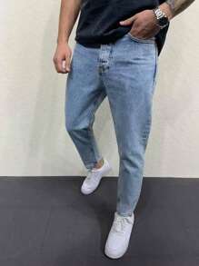 ROMWE MEN Casual Men Cotton Solid Carrot Jeans, School - Light Wash - View 1