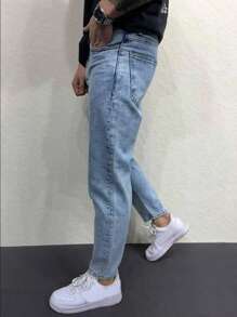 ROMWE MEN Casual Men Cotton Solid Carrot Jeans, School - Light Wash - View 3