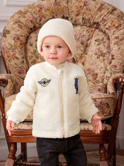 SHEIN 女嬰字母刺繡拉鏈開襟絨毛飛行員夾克