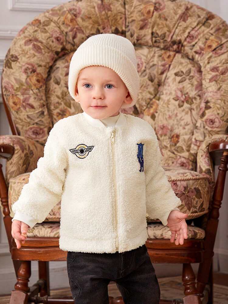 Baby Girl Letter Embroidery Zip Up Teddy Bomber Jacket