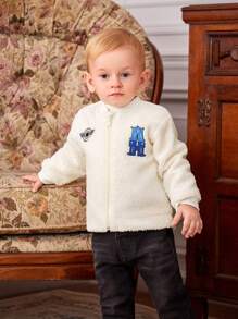 SHEIN Baby Girl Letter Embroidery Zip Up Teddy Bomber Jacket