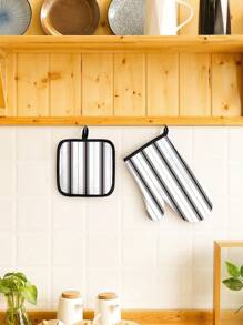 SHEIN Basic living 1 Miếng Đen Và Trắng Sọc In Lò nướng Mitt , Chống nóng Không thấm nước Găng tay làm bánh - Đen và trắng - Xem 2