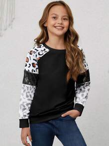 Young Girl Leopard Print Contrast Sequin Raglan Sleeve Sweatshirt - Black - View 1