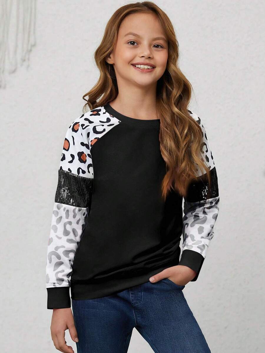 Young Girl Leopard Print Contrast Sequin Raglan Sleeve Sweatshirt - Black - View 1