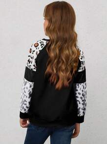 Young Girl Leopard Print Contrast Sequin Raglan Sleeve Sweatshirt - Black - View 2