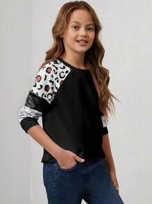 Young Girl Leopard Print Contrast Sequin Raglan Sleeve Sweatshirt - Black - View 3