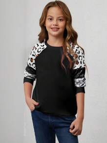 Young Girl Leopard Print Contrast Sequin Raglan Sleeve Sweatshirt - Black - View 4