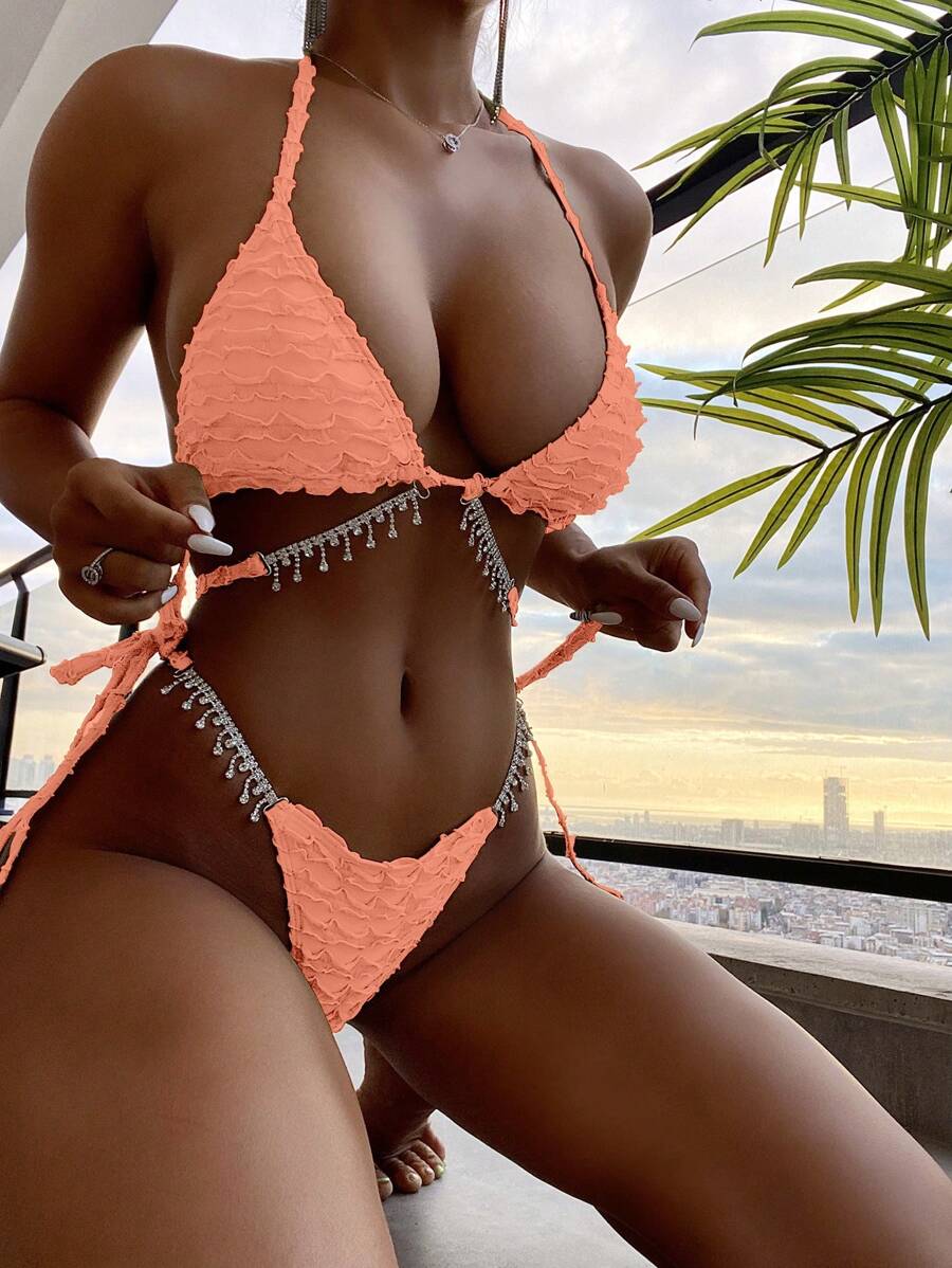 Swim Vcay Rhinestone Decor Halter Triangle Bikini Set - Coral Pink - View 1