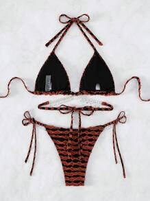 SHEIN Swim 鑽石細節頸帶三角胸罩和泳裝底部比基尼套裝，適用於夏季海灘游泳 - 彩色 - 查看 2