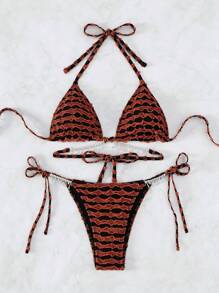 SHEIN Swim 鑽石細節頸帶三角胸罩和泳裝底部比基尼套裝，適用於夏季海灘游泳 - 彩色 - 查看 3