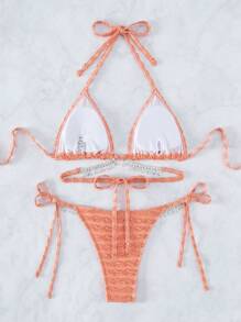 Swim Vcay Rhinestone Decor Halter Triangle Bikini Set - Coral Pink - View 2