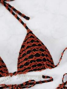 SHEIN Swim 鑽石細節頸帶三角胸罩和泳裝底部比基尼套裝，適用於夏季海灘游泳 - 彩色 - 查看 4