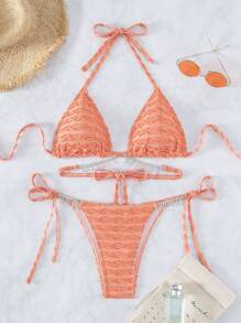 Swim Vcay Rhinestone Decor Halter Triangle Bikini Set - Coral Pink - View 4