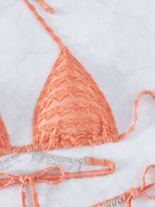 Swim Vcay Rhinestone Decor Halter Triangle Bikini Set - Coral Pink - View 5