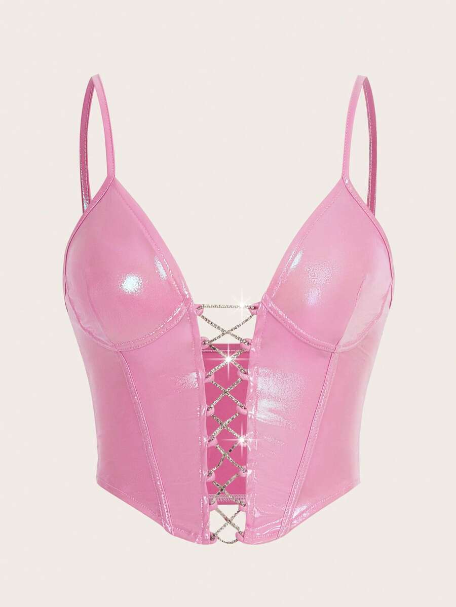 SHEIN ICON Lace Up Front Cami Top - Pink - View 1