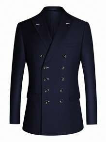 Men Double Breasted Flap Detail Blazer - Navy Blue - View 1
