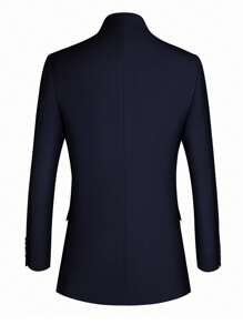 Men Double Breasted Flap Detail Blazer - Navy Blue - View 2