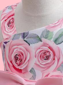 女小童印花前蝴蝶結不對稱領褶皺派對禮服 - 粉色 - 查看 3