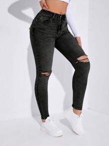 Ripped Skinny Jeans - Black - View 5