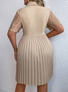 Celure Hơn Ren tương phản Khăn quàng Viền xếp Đầm - Màu be - Xem 2