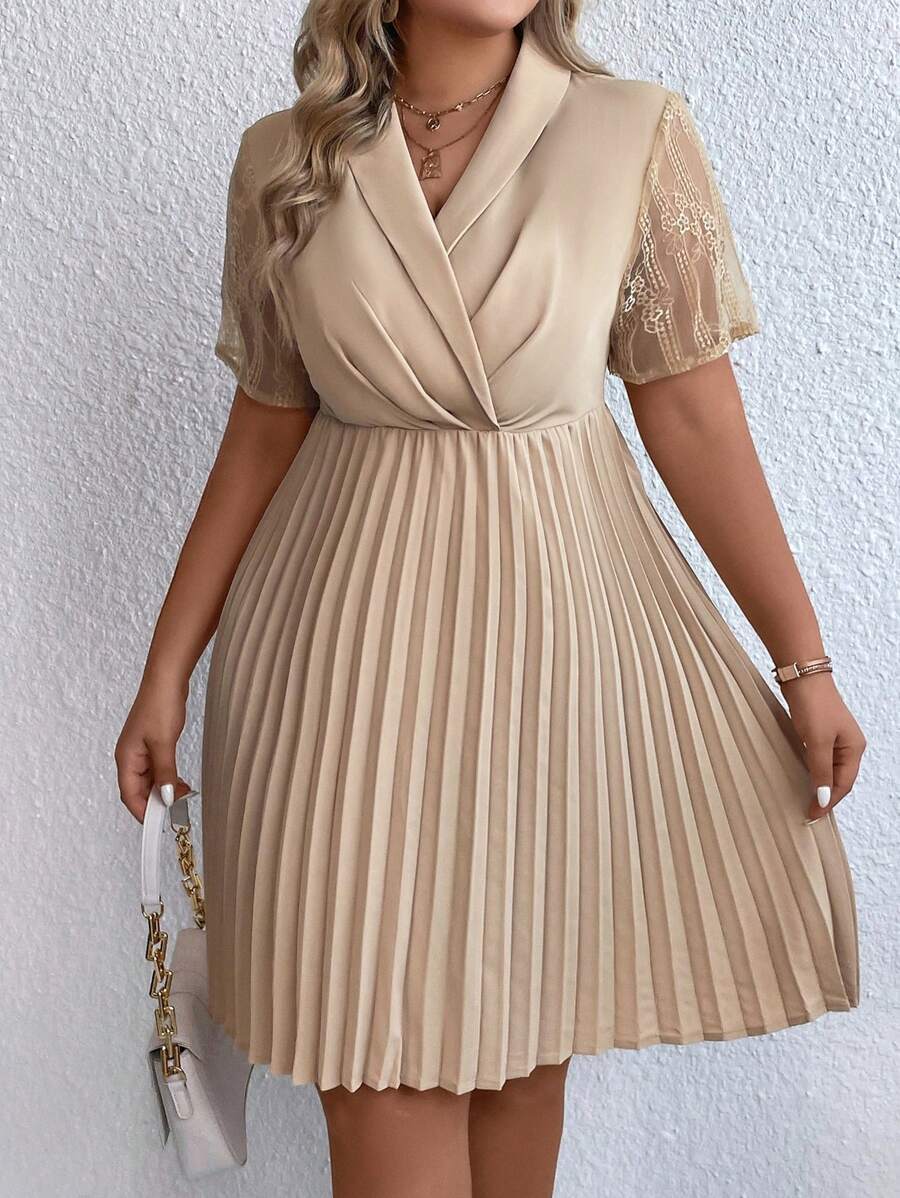 Celure Hơn Ren tương phản Khăn quàng Viền xếp Đầm - Màu be - Xem 1