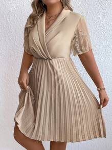 Celure Hơn Ren tương phản Khăn quàng Viền xếp Đầm - Màu be - Xem 4