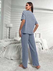 Split Hem Tee & Trousers Lounge Set - Blue - View 2