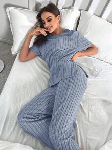 Split Hem Tee & Trousers Lounge Set - Blue - View 4