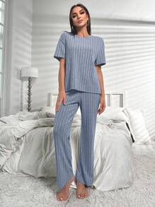 Split Hem Tee & Trousers Lounge Set - Blue - View 5
