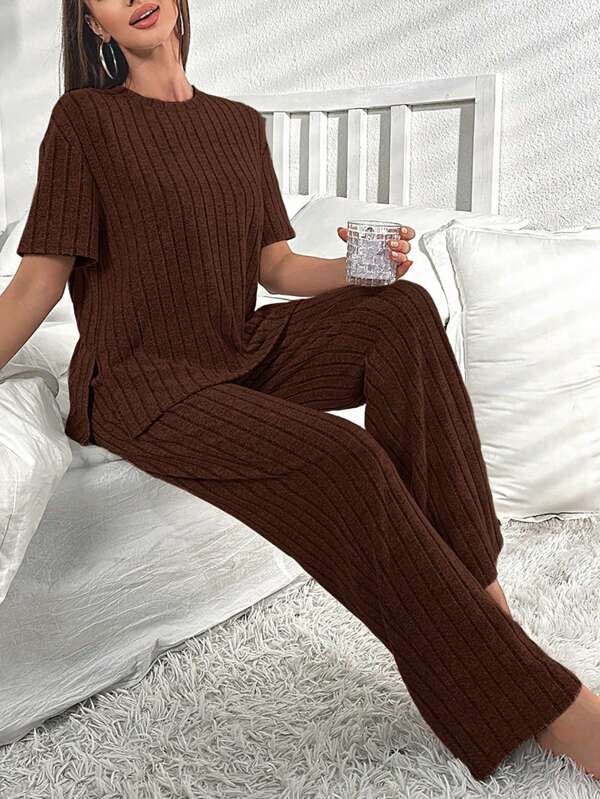 Solid Split Hem Lounge Set Outfit