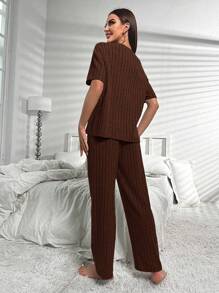 Solid Split Hem Lounge Set Outfit - Chocolate Brown - View 2