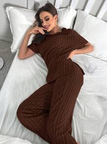 Solid Split Hem Lounge Set Outfit - Chocolate Brown - View 4