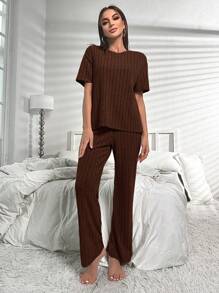 Solid Split Hem Lounge Set Outfit - Chocolate Brown - View 6